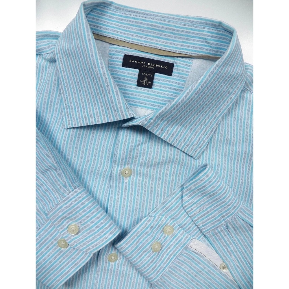 BANANA REPUBLIC MENS XL CASUAL SPORT SHIRT AQUA SKY BLUE WHITE STRIPE 58% LINEN